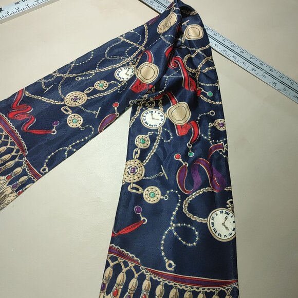 Navy Silk Scarf With Clock Tassel Print Long Rectangular Design Coat Accent - Picture 5 of 7